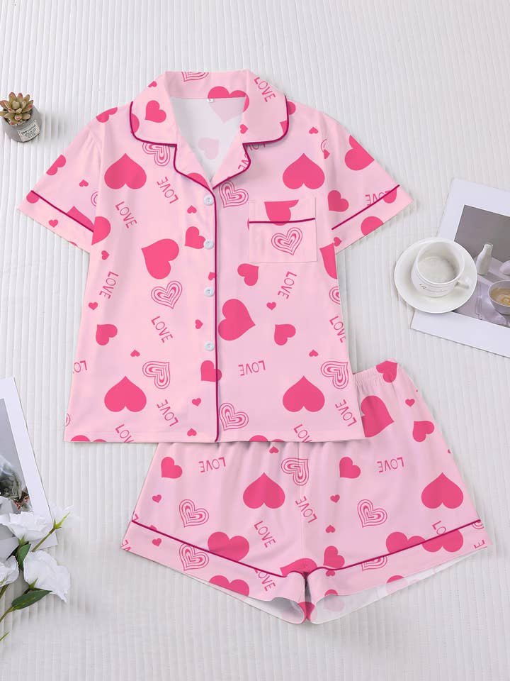 Valentines Comfy Hearts Print Short Pajama Set for wholesale by Rosa Clothing