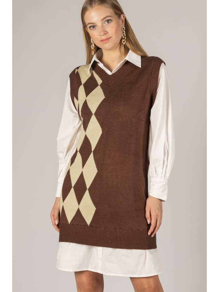 Before You Collection - Wholesale Dress - Women's - Argyle Print Sweater Dress with Poplin Contrast0