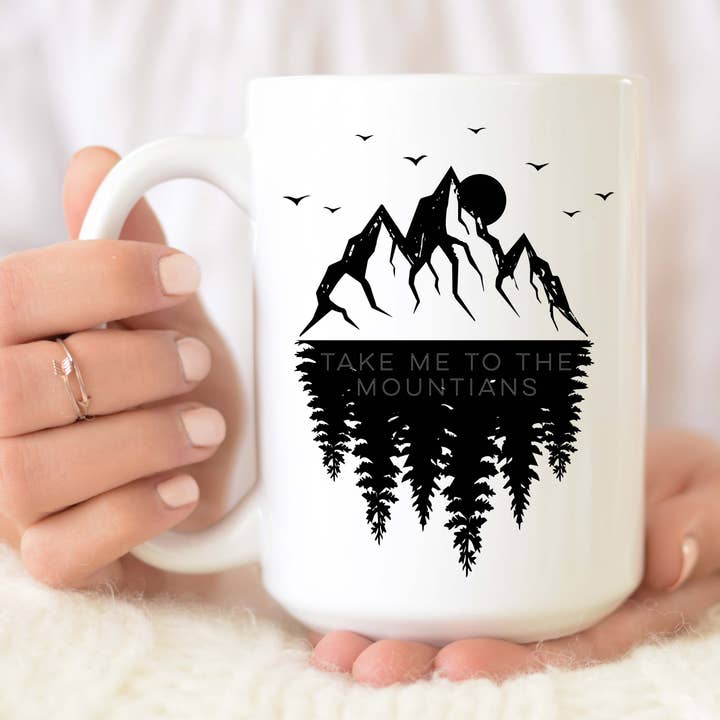 15 ounce Tag mig til bjergene Keramisk krus for engroshandel hos From Us To You Co. Handmade Goods