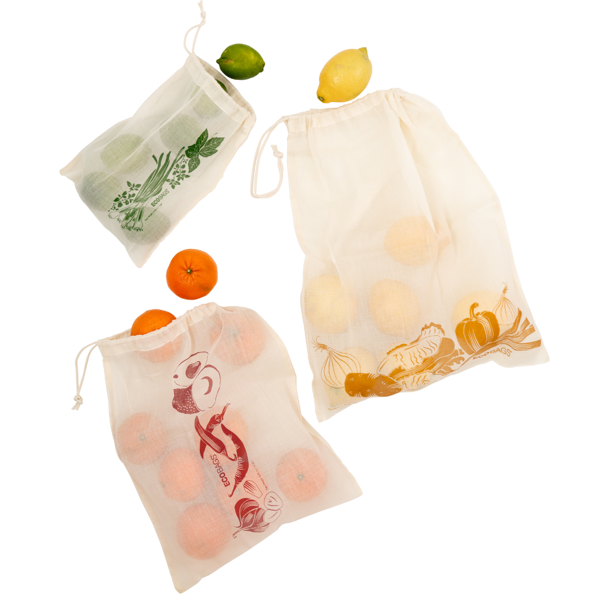 ECOBAGS - Wholesale Kruidenierswinkel/boodschappentas - Herbruikbare groentezakken van biologisch katoen met print - 3 stuks2