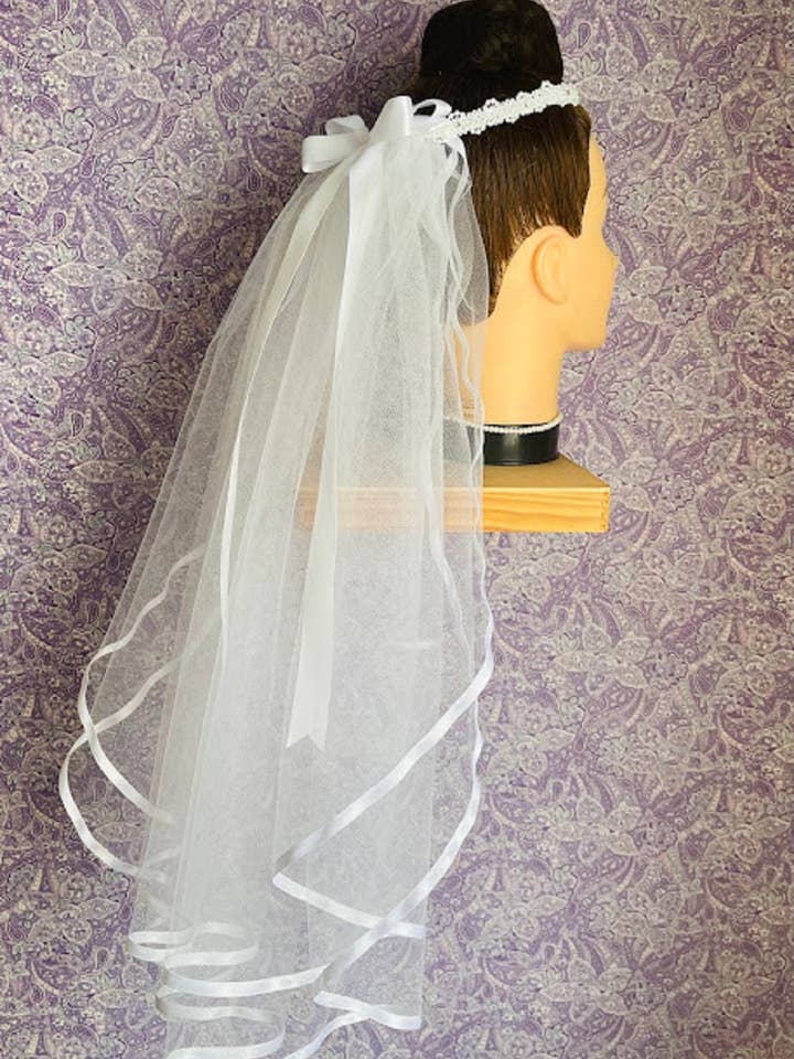 Satin Cord/Pearl/Rhinestone Headpiece with Communion Veil for wholesale by Lace and Grace Veils