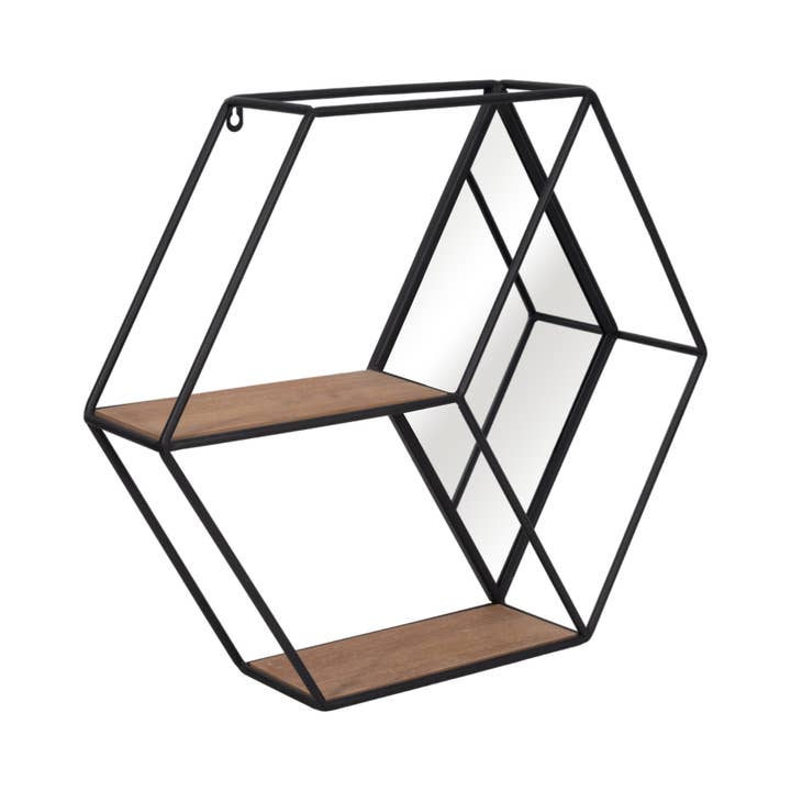 Sagebrook Home – wholesale Förvaringsbehållare – Svart 20 tum Metall/Trä Hexagon Spegelväggshylla i Casual stil