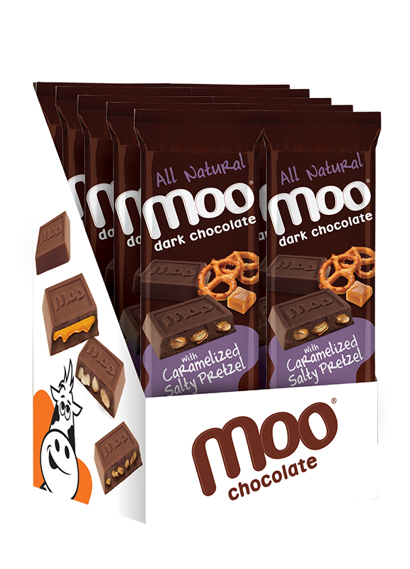 MOO Organic Chocolates - Wholesale Chocolate Bar - Natural Dark Chocolate Caramelized Salty Pretzel Large Bar,1