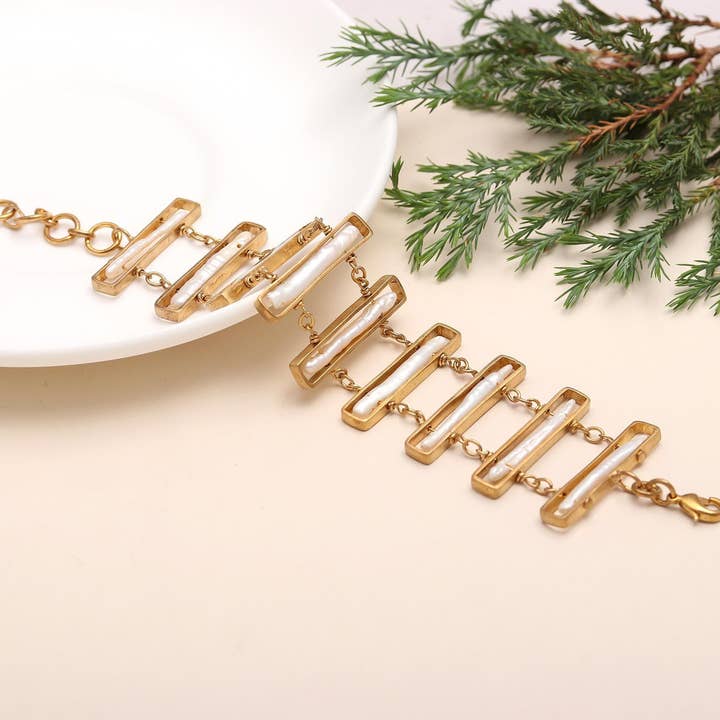 Brass Bracelet with Biwa Pearls for wholesale by AG 925 JEWELLERY