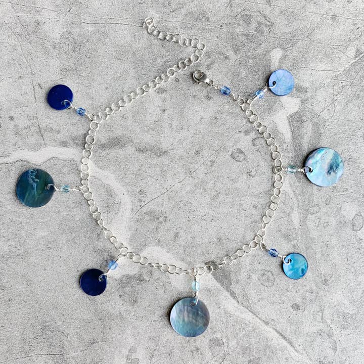 Jubilant - Blue Mussel Shell Coin Anklet - Sterling for wholesale by LITVA'S Jewelry