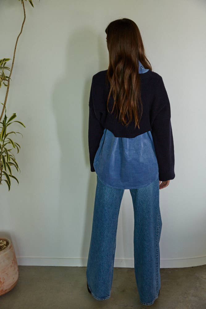 Blu Navy L7422 | Maglione abbottonato con colletto in velluto a coste in cotone intrecciato in vendita all'ingrosso su Faire3