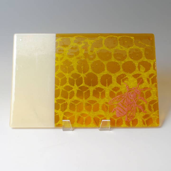 Kiku Handmade | Contemporary Fused Glass Home Goods - Wholesale Cheese Board - Honeybee 7x11" Fused Glass Cheese Plate3