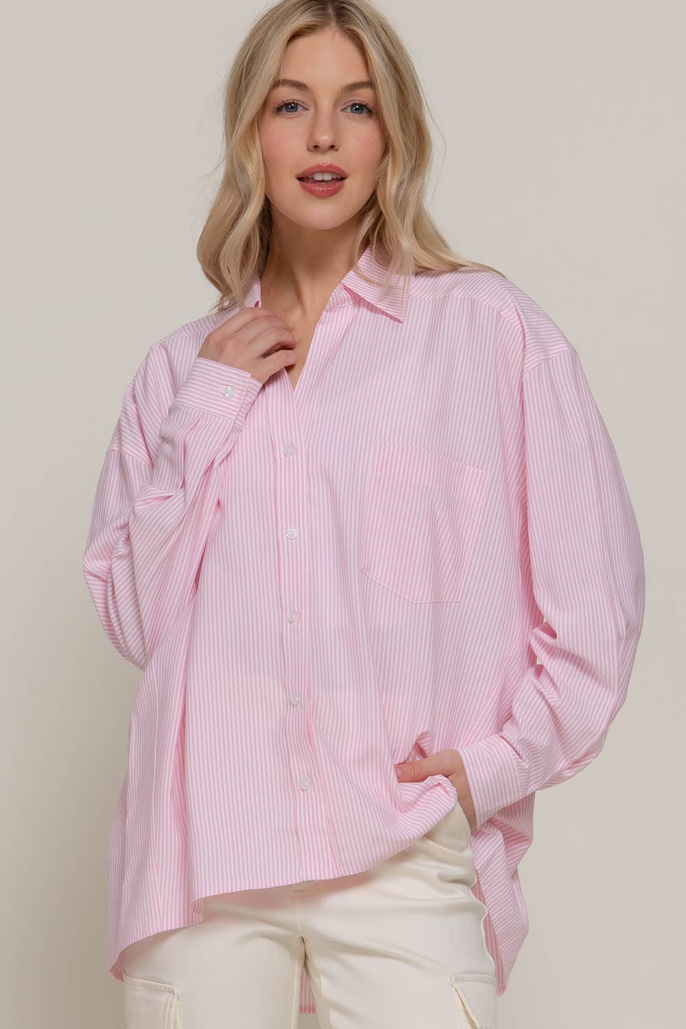 Active Basic | Active USA - Venta al por mayor Camisa con botones - Mujer - Camisa de rayas Y/D de manga larga dolman y corte extragrande10