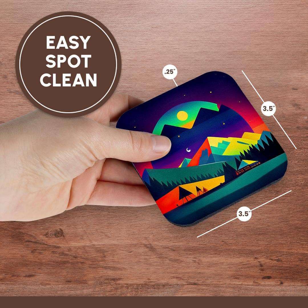 3dRose - Vente Sous-verre - 3dRose, Paysage fantastique décoratif de tentes, montagnes. Cadeau pour campeur heureux, Dessous de verre13