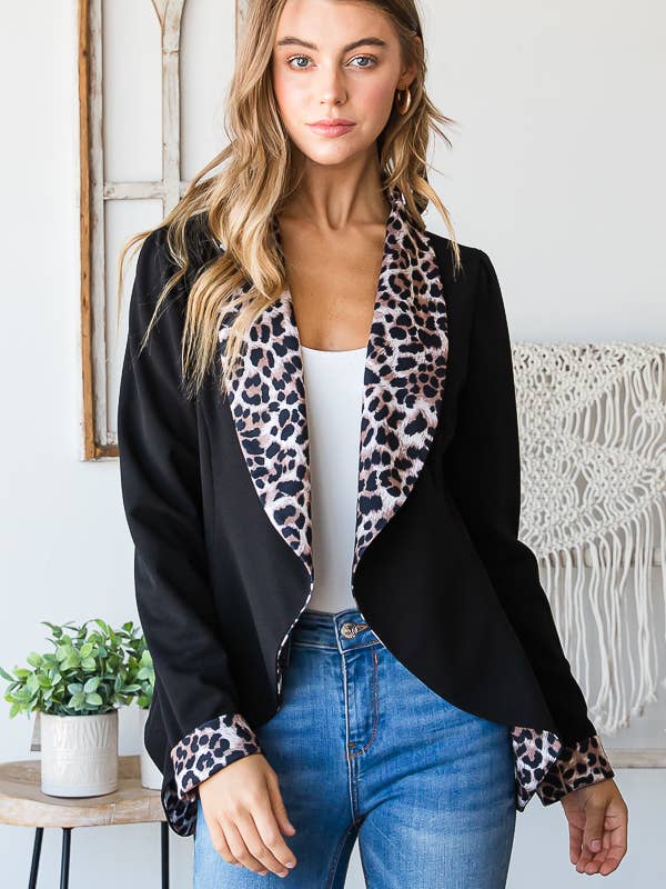 SHAWL SOLID AND ANIMAL LEOPARD OPEN BLAZERS for wholesale by Pink Irene Wholesale