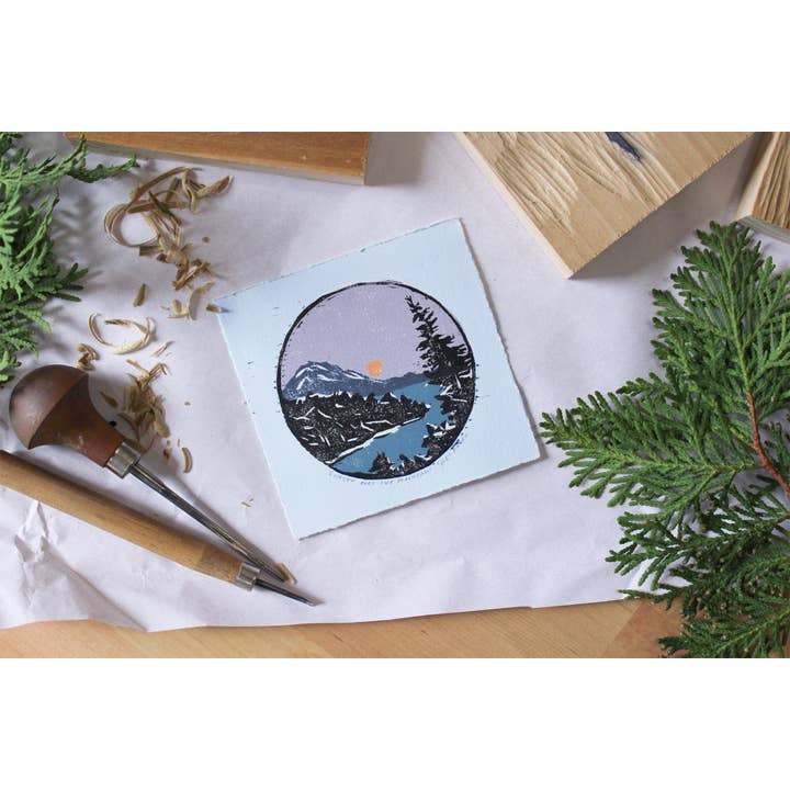 Sunset Over Mountains Original Woodblock Print for wholesale by Michelle Farro Studio