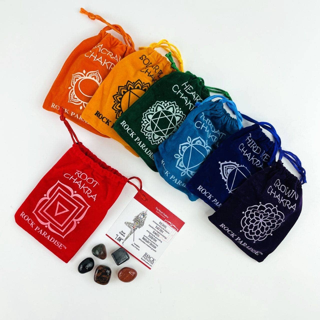 Rock Paradise - Wholesale Spiritual Stone/Crystal - Crystal Chakra Plush Pouch with Info Card & Tumbled Stones4