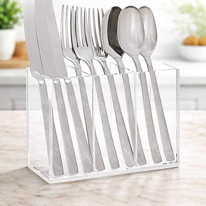 Cesto de Talheres Acrílico Slim com 3 Secções Transparente por atacado de Krifts Products