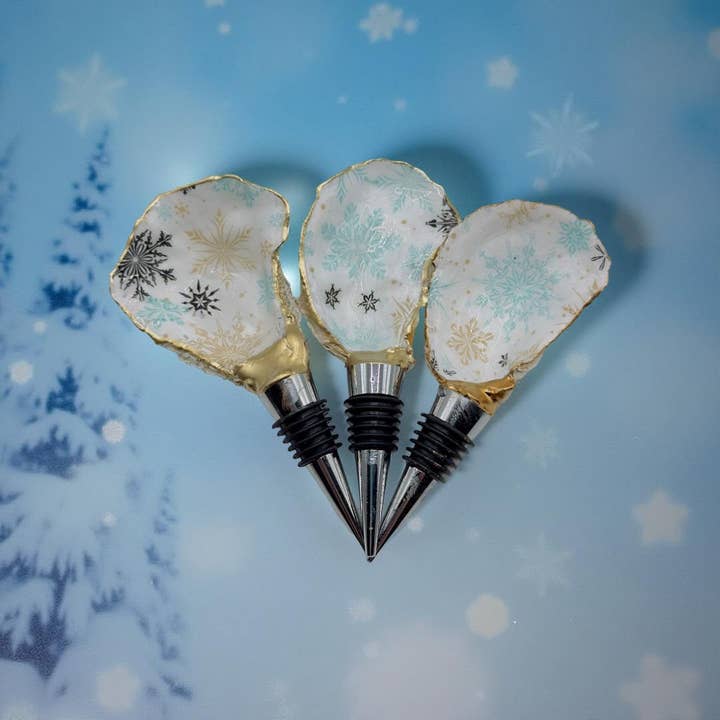 Snowflake Frost Oyster Shell Wine Stopper – Gold Rim for wholesale by Shell Yeah By Jaks LLC