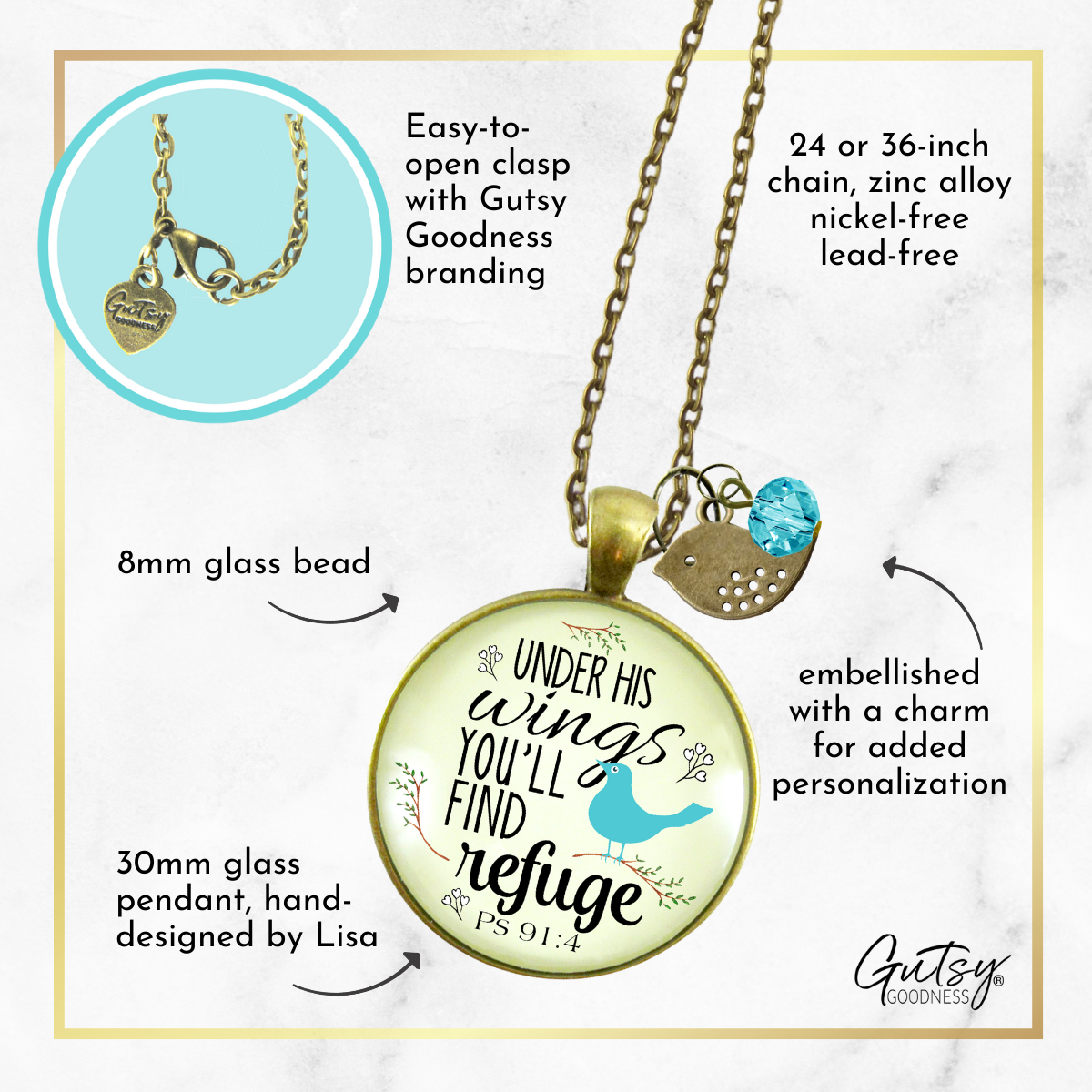 Gutsy Goodness - Wholesale Pendant/Charm Necklace - Bible Quote Necklace Under His Wings Refuge ^4