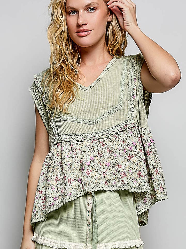 V-neck Floral Pattern Trim Ruffle Rib Knitted Sleeveless Top for wholesale by Pol Clothing