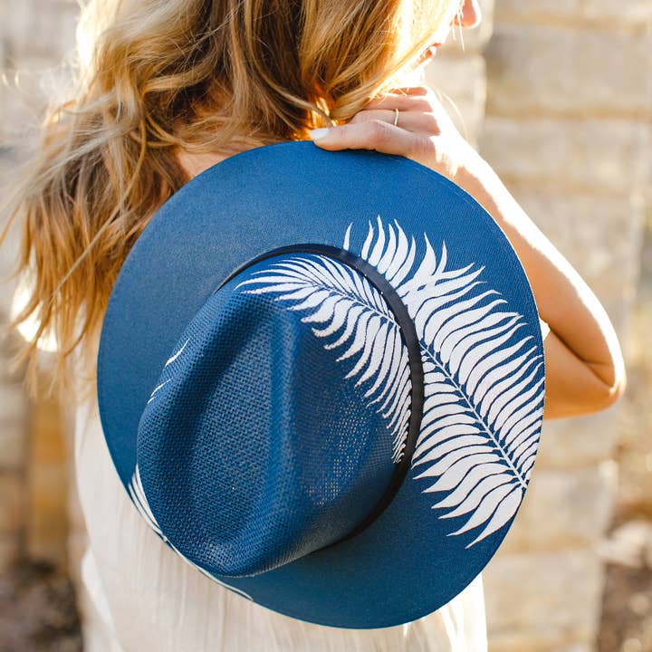 Origin Mexico - Wholesale Straw Hat - Women's - Fernanda Hand Painted Western Boho Hat - Blue and White