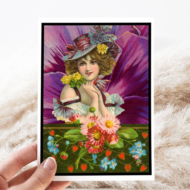 Greeting Card. Vintage Woman With Flowers. Purple Pansy. for wholesale by Cheerful Whimsies