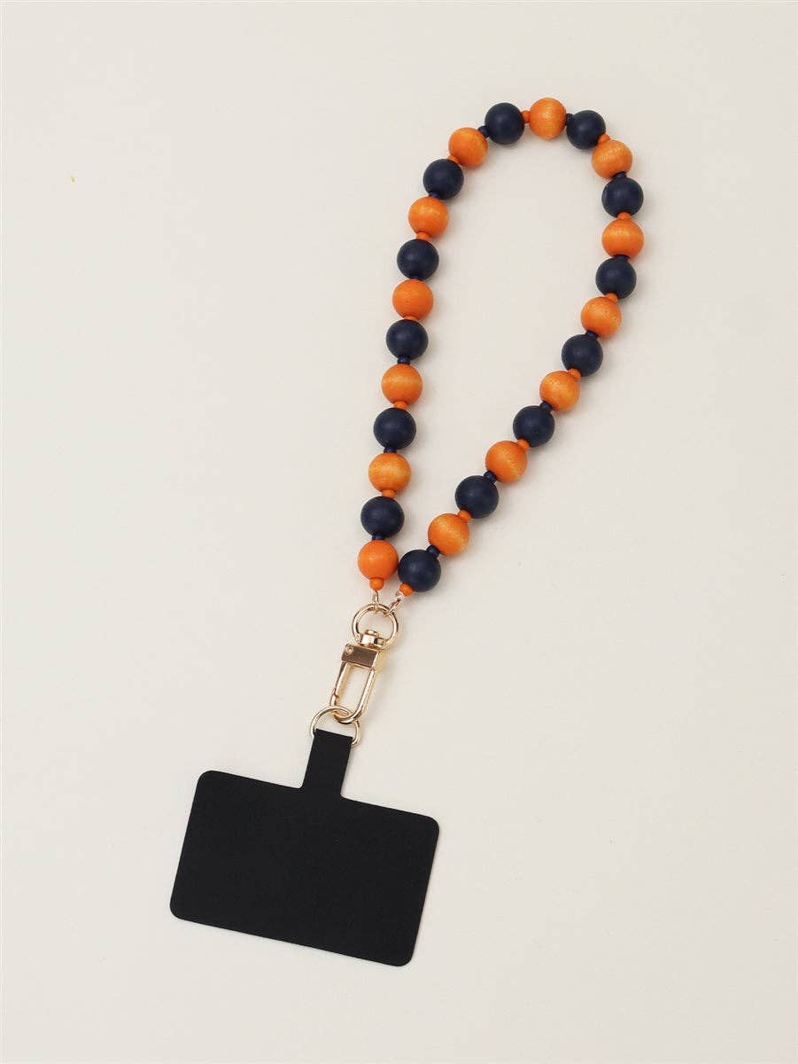 What's Hot - Wholesale Phonecase Strap - Orange and Navy Wood Beaded Phone Holding Wristlet, Great for Gameday!