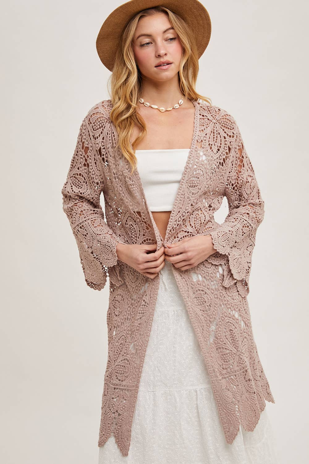 Bluivy - Vente Cardigan – femme - Cardigan en crochet ouvert à manches cloche, longueur genou20