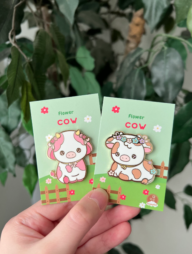 Sheepydust - Wholesale Lapel Pin/Button - Pink Flower Cow Enamel Pin2