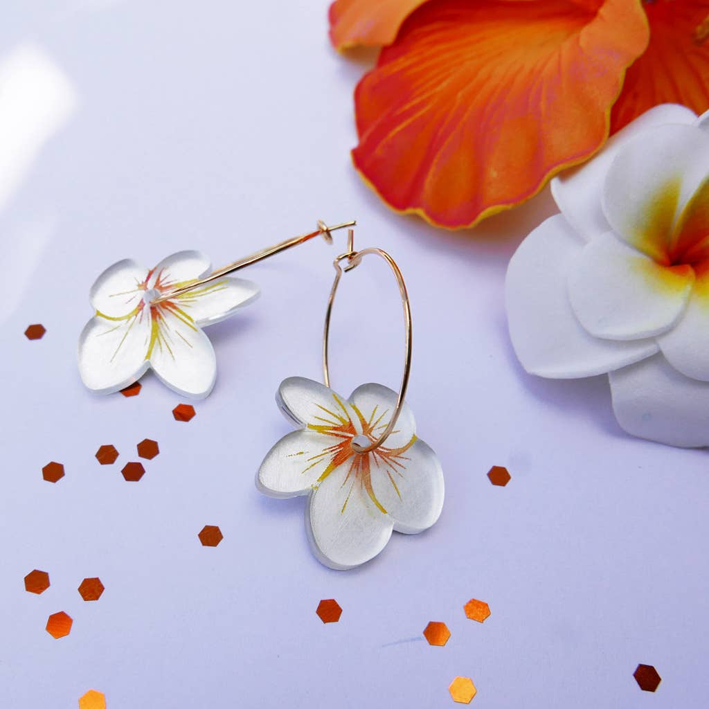 BiCA-Good Morning Design - Wholesale Dangle Earrings - Floral gold hoop earrings, Plumeria, hand-painted0