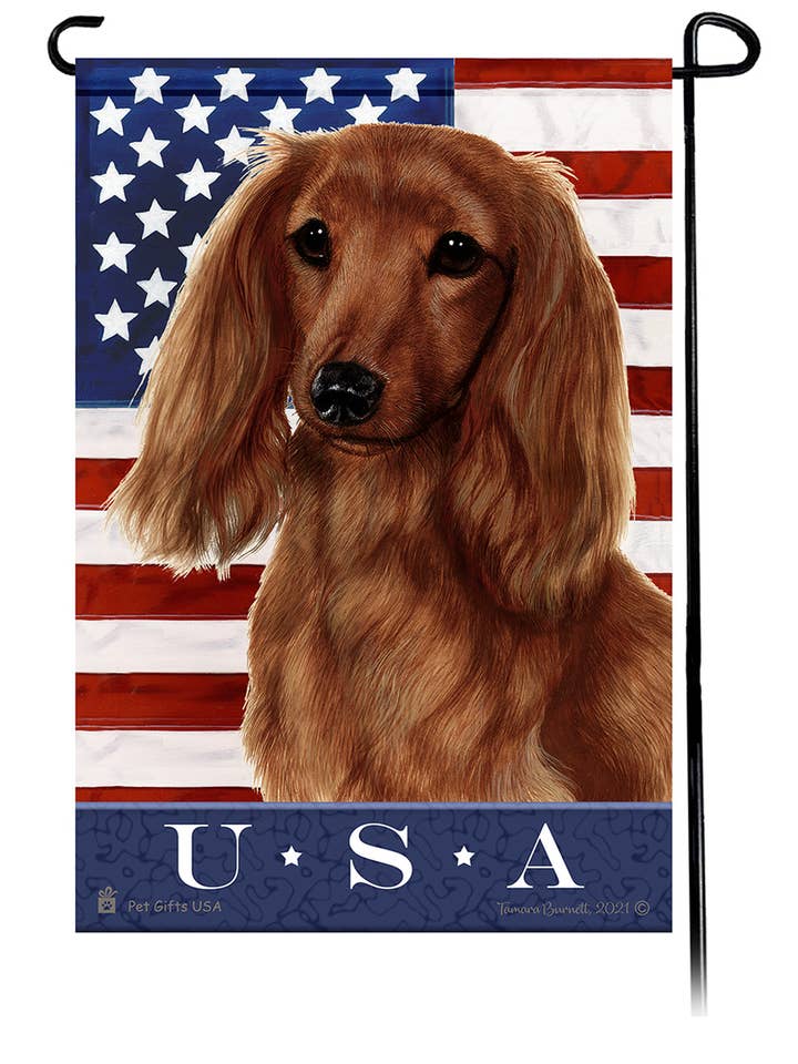 Bandera de jardín Dachshund LH rojo verdadero azul para venta al por mayor de Pet Gifts USA, LLC