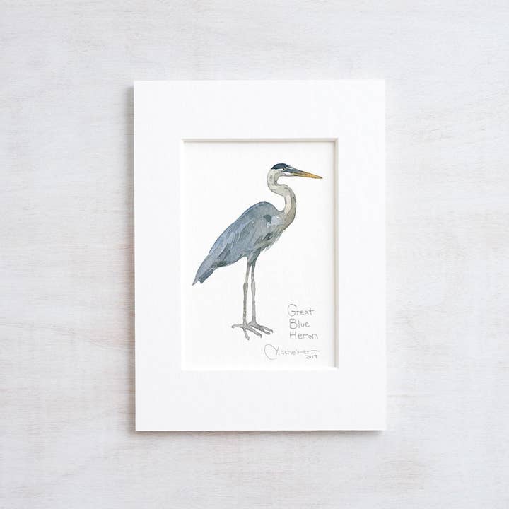 Great Blue Heron Miniature Watercolor Art Print for wholesale by Studio Tuesday