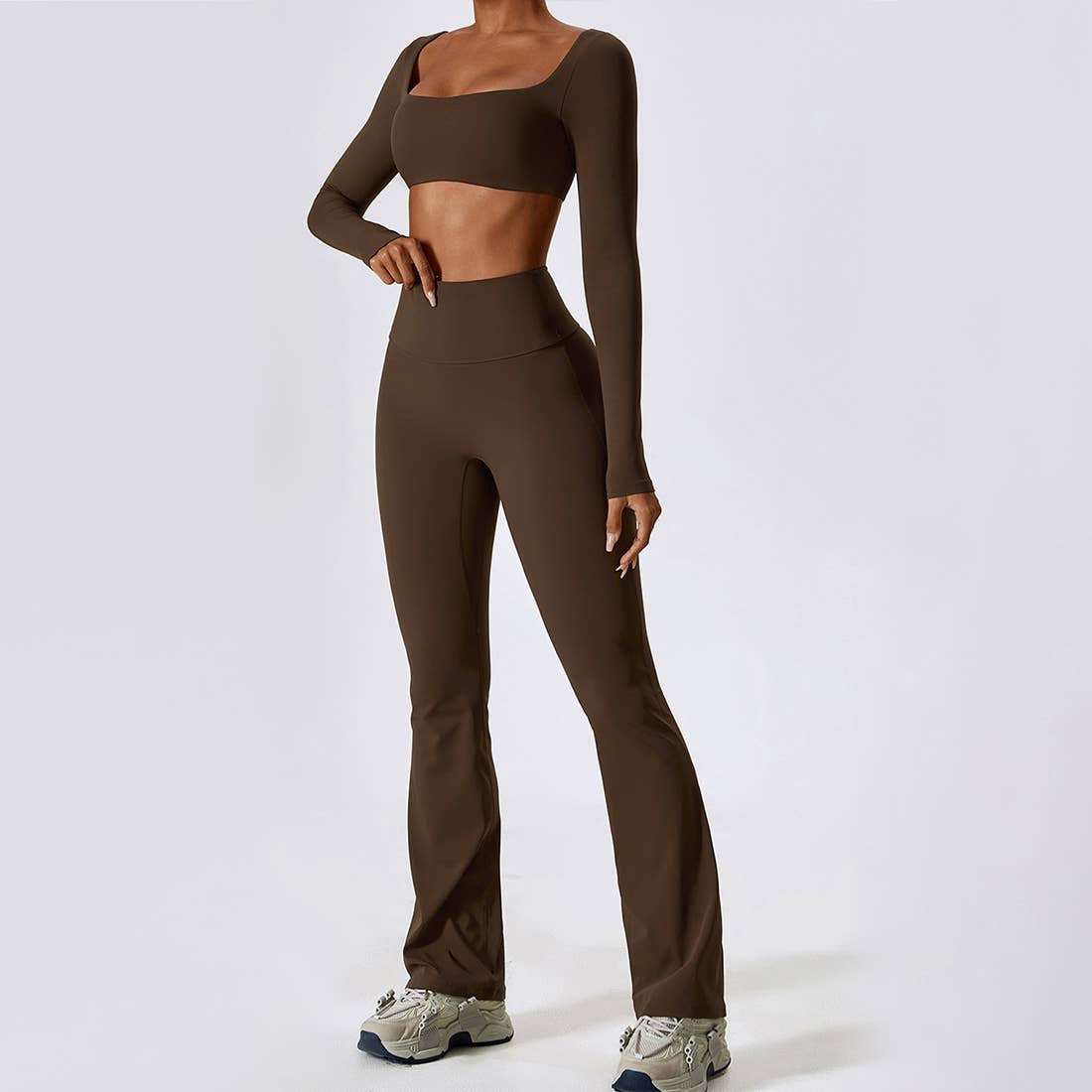 Sodalemon - Wholesale Activewear Set - Women's - 2 Pcs Set Long Sleeve Crop Top Dance Yoga Flare Pants7