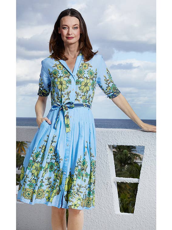 Dizzy-Lizzie - Wholesale Dress - Women's - Mrs Maisel Light Blue Ground With Leaves Print