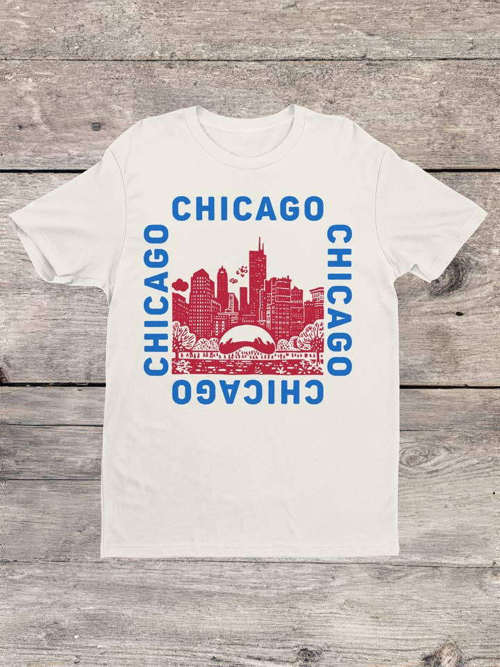 Chicago Skyline Red-Blue Illustration Men's T-shirt for wholesale by Swift Retail