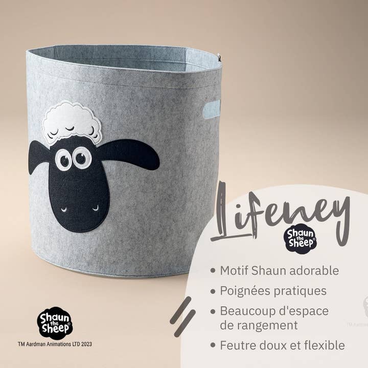 Zenker – wholesale Laundry basket – Gray dirty laundry basket in felt with sheep head pattern Lifeney Shaun the Sheep1