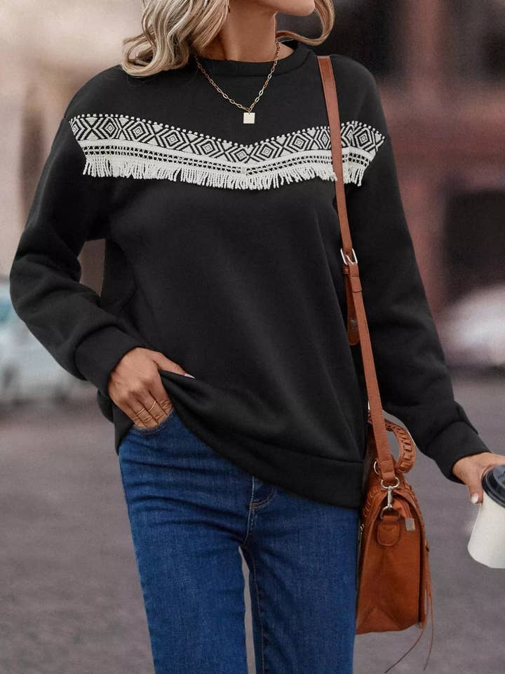 Black Fringe Trim Crew Neck Sweatshirt for wholesale on Faire4