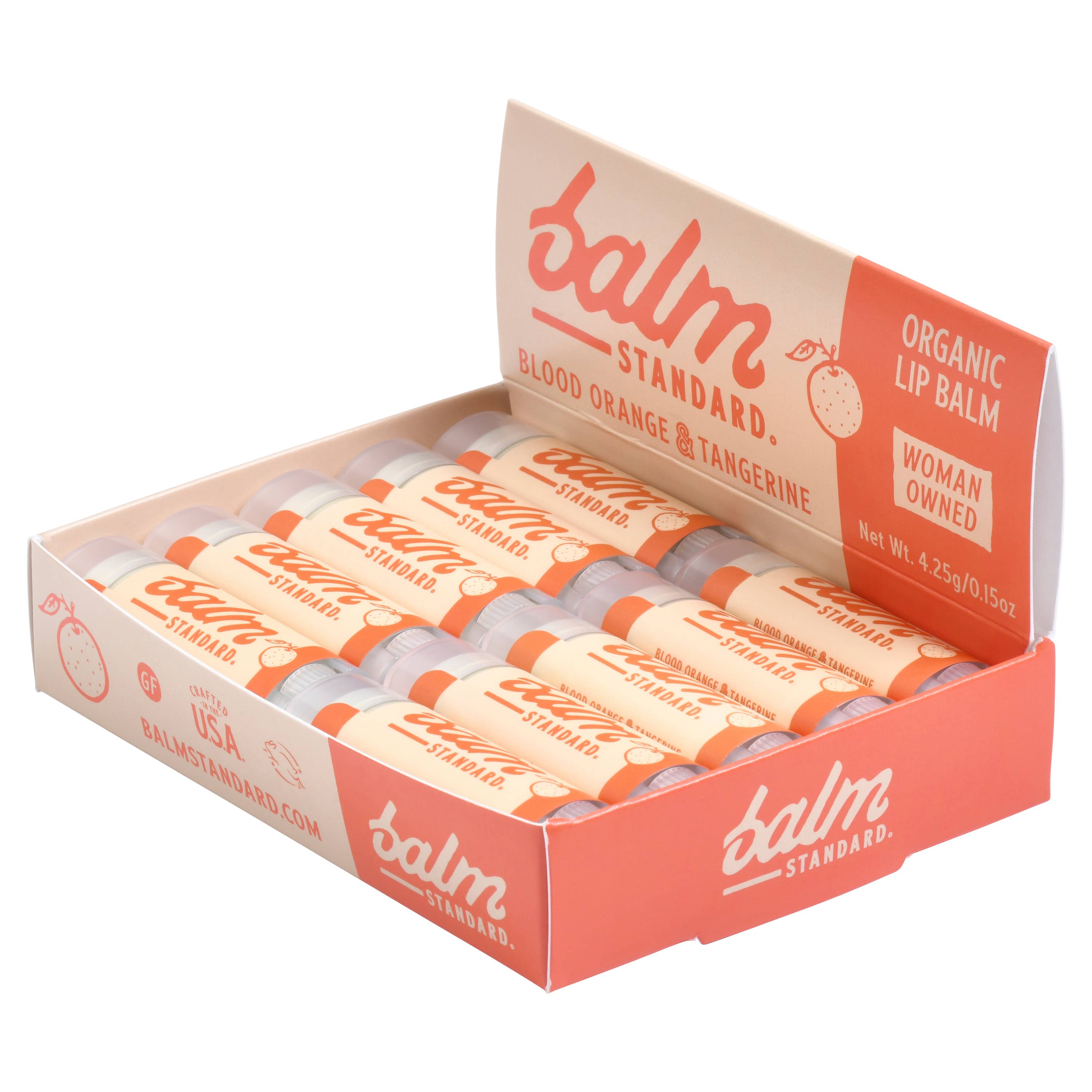 Balm Standard – Großhandel Einzelhändler*innen-Display – Beauty & Wellness – Blutorange & Mandarine Lippenbalsam 20 Einheiten Display Box1