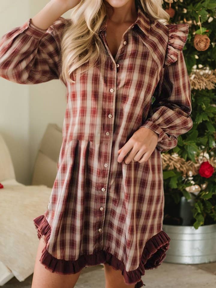 Red Plaid Long Sleeve Contrast Hem Patchwork Mini Shirt Dress for wholesale on Faire