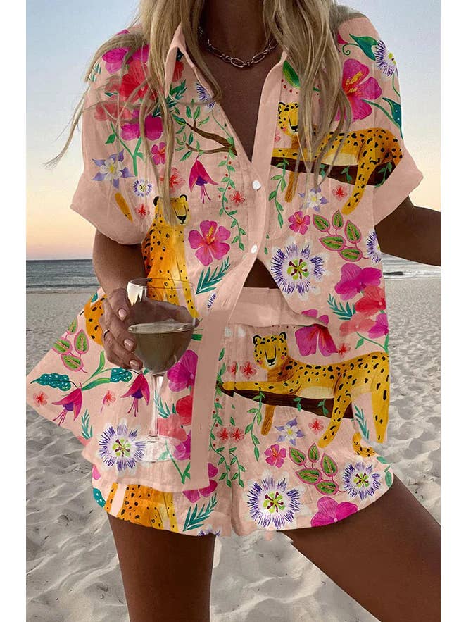 Rosa Clothing - Wholesale Top & Short Set (NOT Loungewear) - Women's - Barcelona unique vacation print shirt & shorts resort set
