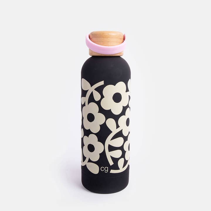 Caroline Gardner - Wholesale Water Bottle - Charcoal Mono Flower Metal Waterbottle