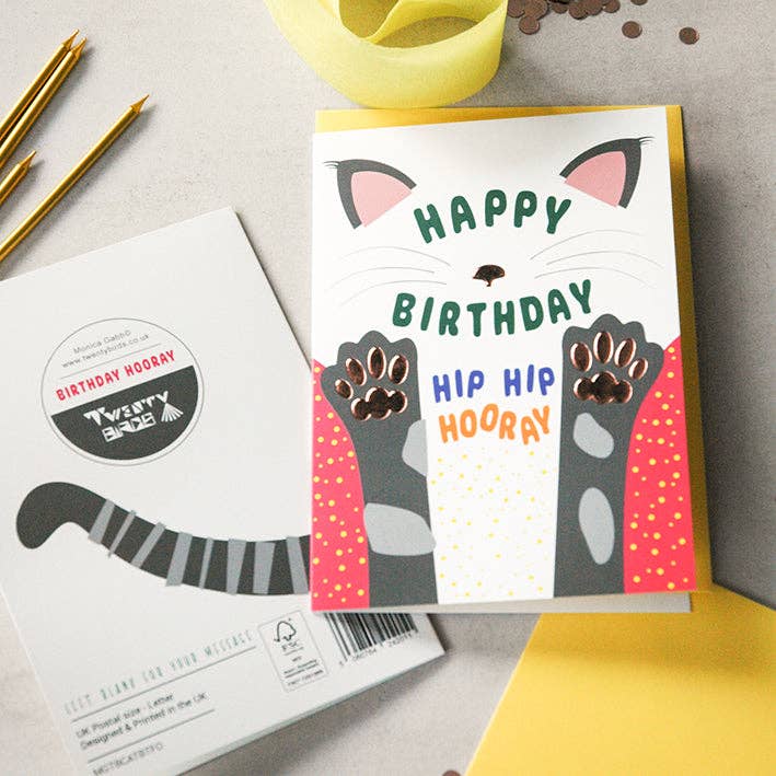 Cat Card - Birthday Hooray - Foil embossed Birthday Card for wholesale by Twenty Birds