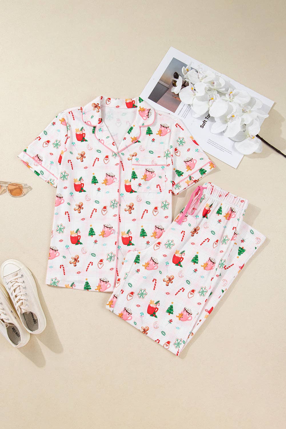 Pink Christmas Spirit Cute Holiday Print Short Sleeve Shirt and Pants 2pcs Pajama Set for wholesale on Faire3