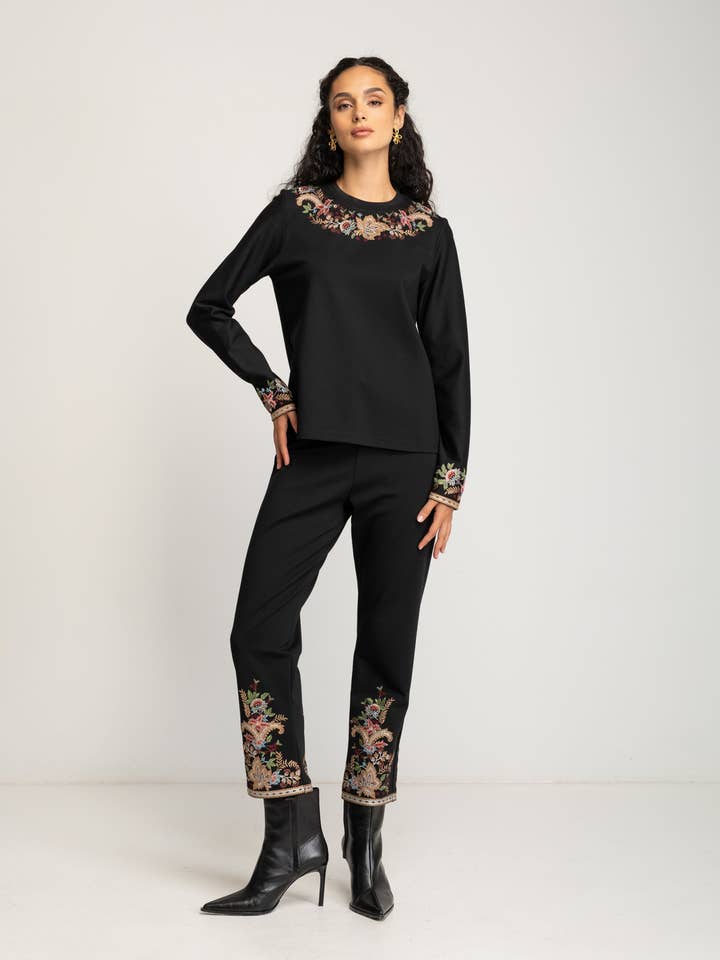 Caprise embroidered flower pants for wholesale by NIZA