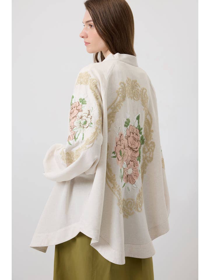 Natural LINEN TEXTURED EMBROIDERED KIMONO for wholesale on Faire