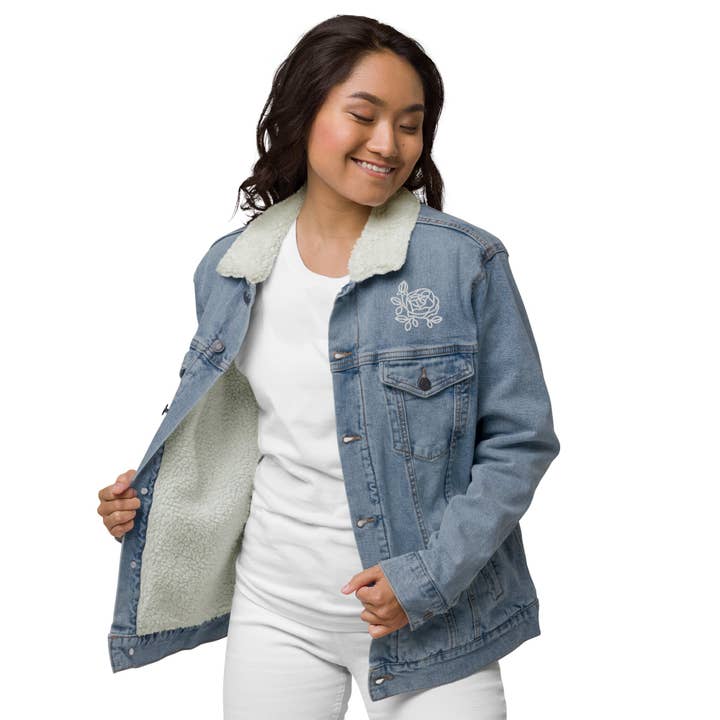 White Rose Embroidered Unisex Denim Deluxe Recycled Faux Wool Sherpa Jacket for wholesale by Lady Liberty & Co.