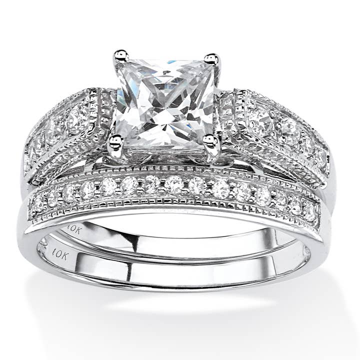 Princess-Cut CZ Vintage Bridal Ring Set in 10k White Gold for wholesale by PalmBeach Jewelry
