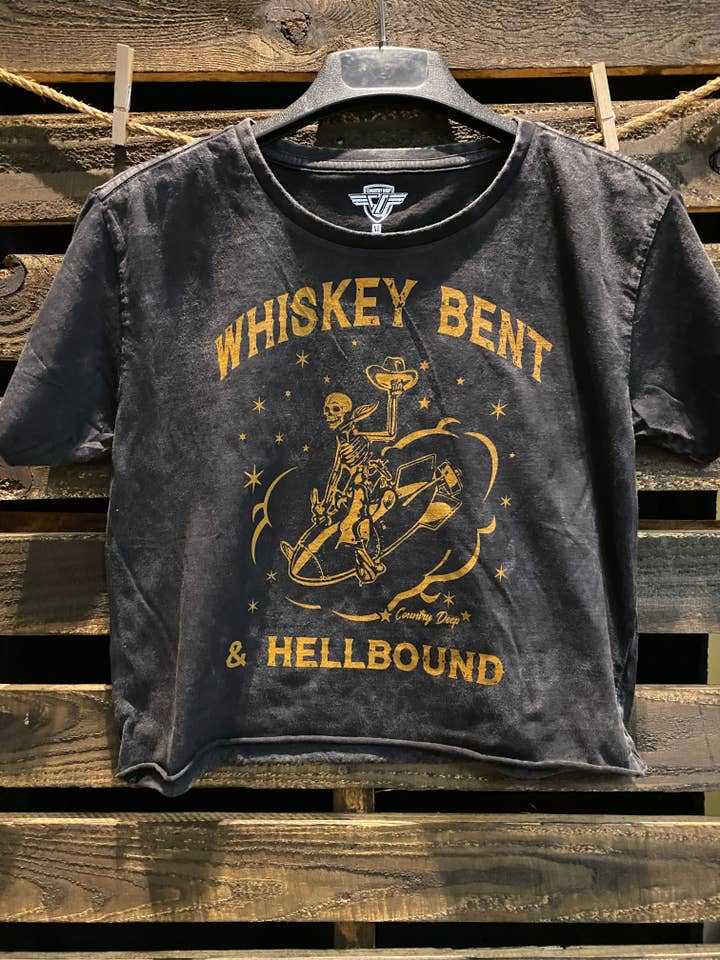 Country Deep Apparel - Wholesale Screen Printed T-Shirt - Women's - Whiskey Bent hellbound regular Cropped Acid wash T-shirt
