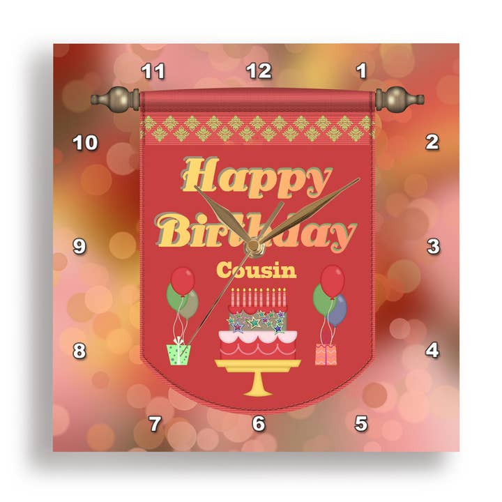 3dRose – wholesale Wall clock – 3dRose, Happy Birthday Cousin Banner, Cake with Gifts and Balloons, Wall Clock6