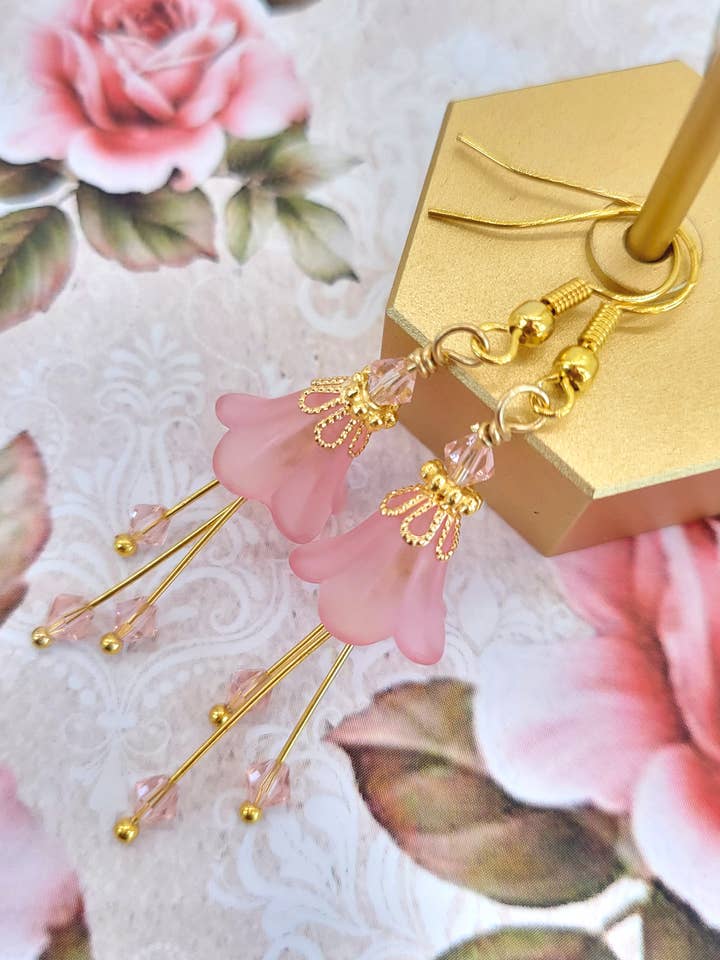 Bell Flower Dangle Earrings - Light Pastel Pink and Gold for wholesale by Chic Brico