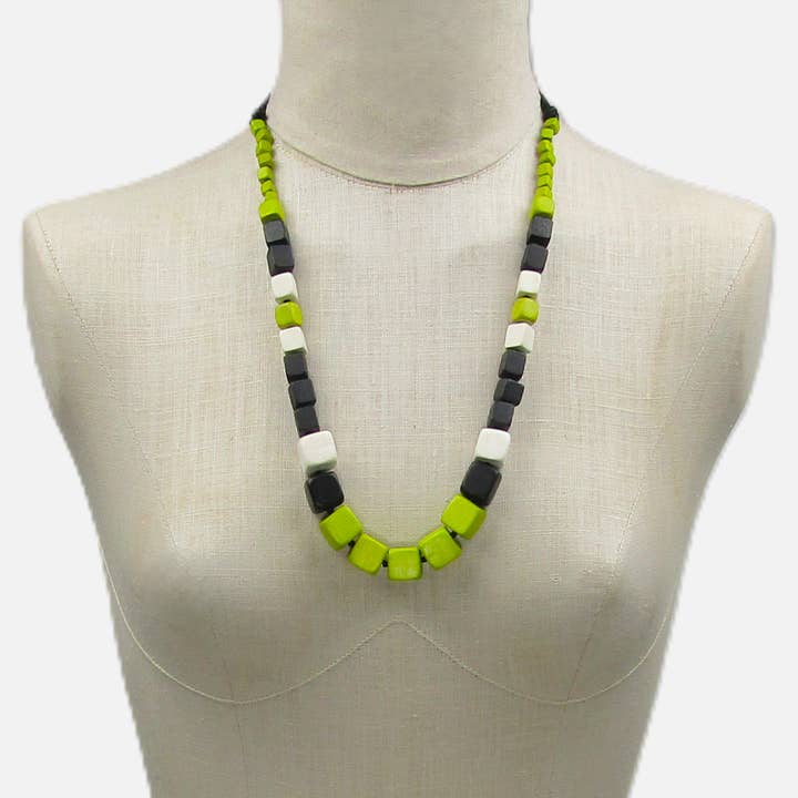 Georgia green, white and black wood bead metal free necklace for wholesale by Katie and Company