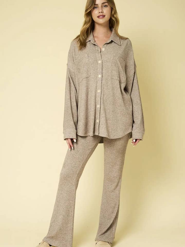 Taupe Ribbed Knit Button Front Shacket Flare Pants Lounge Set for wholesale by Tasha Apparel Wholesale