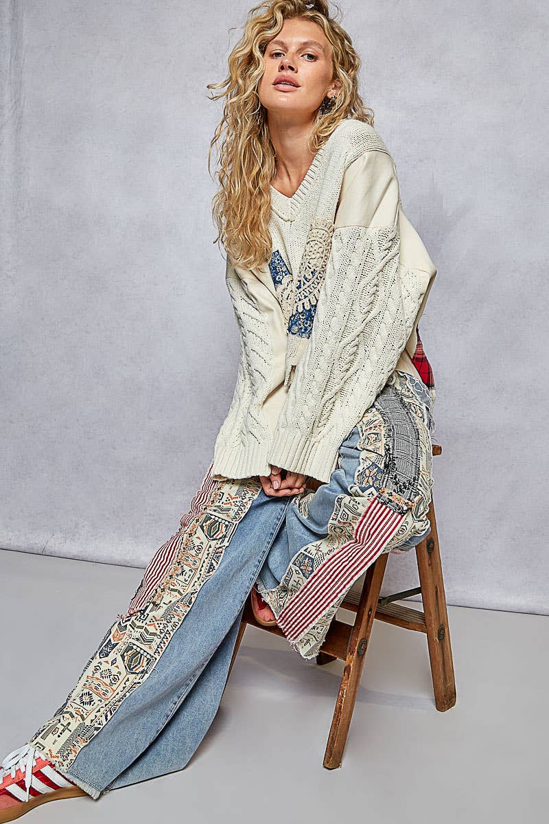 Pol Clothing - Wholesale Jeans - Women's - Patchwork relaxed woven denim pant18