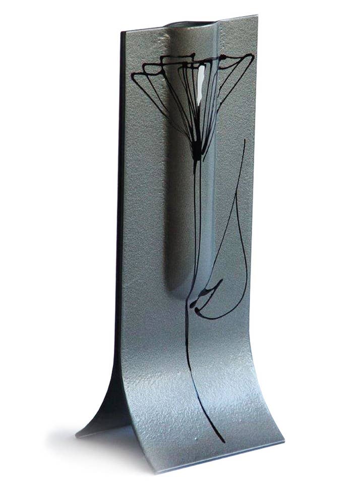 14X36 cm silberne Vase mit weiß-schwarzem Tulpenmotiv für den Großhandel von CARNEOL GLASS